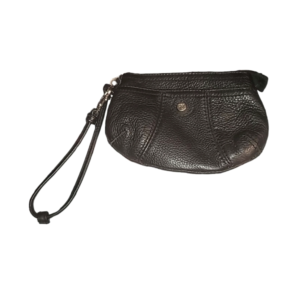 ALLISON SCOTT Black Leather Wristlet 7 x 5" Vintage Clutch Coin Purse Bag